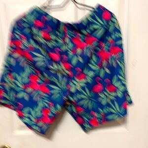 Joe Marlin Bright Blue Floral Print Men’s Shorts with Pink Flamingo Accent Sz XL